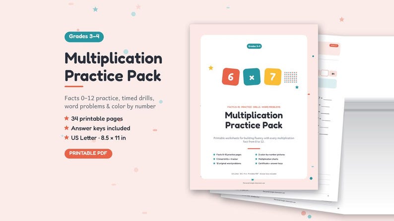 Peut inclure: Un pack d'entra&icirc;nement &agrave; la multiplication pour les niveaux 3-4, comprenant 34 pages imprimables avec des faits de 0 &agrave; 12, des exercices chronom&eacute;tr&eacute;s, des probl&egrave;mes et des activit&eacute;s de coloriage par num&eacute;ro au format US Letter.