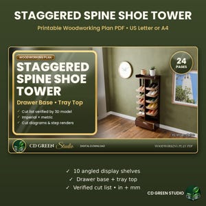 Printable Staggered Shoe Tower Plans, Angled Shoe Rack Woodworking Plan PDF, Drawer Base + Tray Top, Entryway Shoe Storage DIY, Letter or A4 image 1