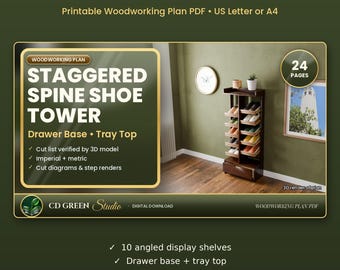 Printable Staggered Shoe Tower Plans, Angled Shoe Rack Woodworking Plan PDF, Drawer Base + Tray Top, Entryway Shoe Storage DIY, Letter or A4