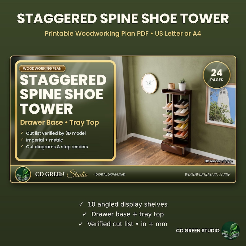 Printable Staggered Shoe Tower Plans, Angled Shoe Rack Woodworking Plan PDF, Drawer Base + Tray Top, Entryway Shoe Storage DIY, Letter or A4 image 1