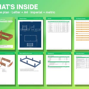 May include: A 24-page digital plan for a cedar raised bed and potting bench, featuring blueprint views, a cut list, cut diagrams, an exploded view, assembly steps, a shopping list, and a verification report in Letter and A4 sizes.