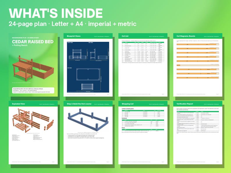 May include: A 24-page digital plan for a cedar raised bed and potting bench, featuring blueprint views, a cut list, cut diagrams, an exploded view, assembly steps, a shopping list, and a verification report in Letter and A4 sizes.