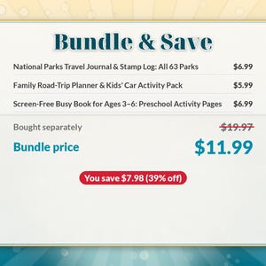 Puede incluir: Un gr&aacute;fico digital titulado Bundle & Save que enumera tres art&iacute;culos: National Parks Travel Journal & Stamp Log: All 63 Parks, Family Road-Trip Planner & Kids' Car Activity Pack y Screen-Free Busy Book for Ages 3-6: Preschool Activity Pages.