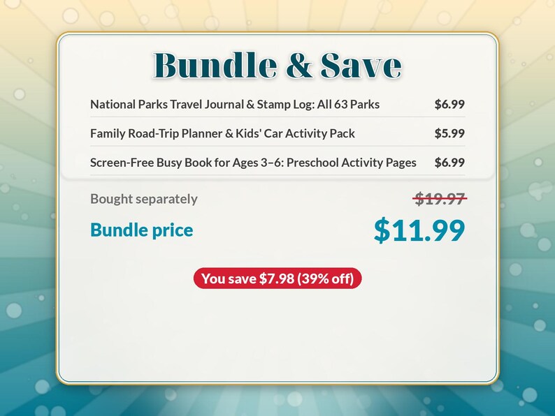 Puede incluir: Un gr&aacute;fico digital titulado Bundle & Save que enumera tres art&iacute;culos: National Parks Travel Journal & Stamp Log: All 63 Parks, Family Road-Trip Planner & Kids' Car Activity Pack y Screen-Free Busy Book for Ages 3-6: Preschool Activity Pages.