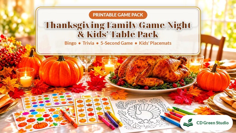 May include: A printable game pack titled Thanksgiving Family Game Night & Kids' Table Pack featuring Bingo, Trivia, 5-Second Game, and Kids' Placemats. The set includes colorful game cards, crayons, and a turkey coloring sheet.