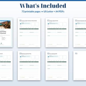 May include: A digital National Parks Travel Journal set containing 73 printable pages in US Letter and A4 formats. The collection includes a cover page and various structured templates for documenting visits to specific national parks.