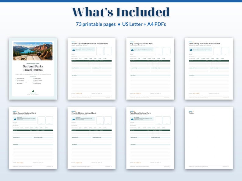 May include: A digital National Parks Travel Journal set containing 73 printable pages in US Letter and A4 formats. The collection includes a cover page and various structured templates for documenting visits to specific national parks.