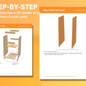 May include: Two pages of a woodworking instruction manual for a learning tower. The left page shows an exploded view with labeled parts. The right page shows Step 2: Rout and sand, featuring two wooden panels and text instructions.