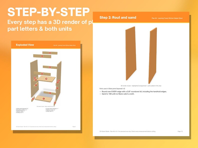 May include: Two pages of a woodworking instruction manual for a learning tower. The left page shows an exploded view with labeled parts. The right page shows Step 2: Rout and sand, featuring two wooden panels and text instructions.