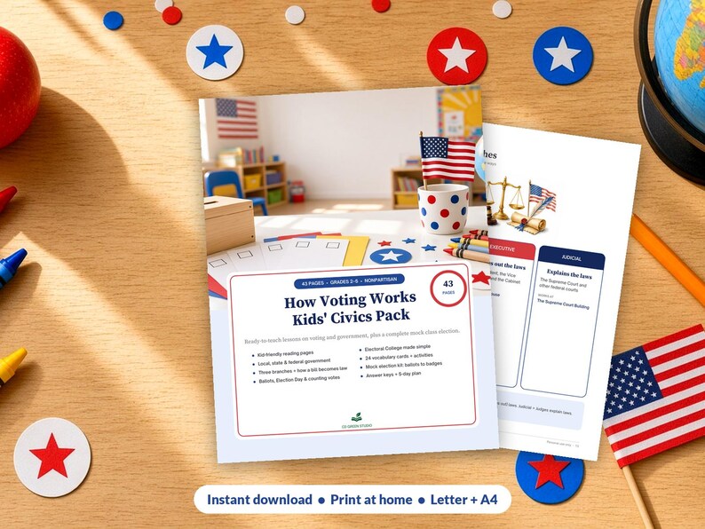 May include: A printed educational civics pack titled How Voting Works Kids' Civics Pack, featuring 43 pages of lessons on government, voting, and elections. The document includes vocabulary cards, ballot templates, and a 5-day lesson plan.