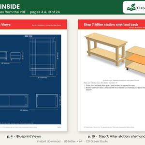 May include: A digital document preview showing two pages of woodworking plans. The left page displays blueprint views of a workbench with dimensions in inches and millimeters. The right page illustrates step 7 for a miter station shelf and back.