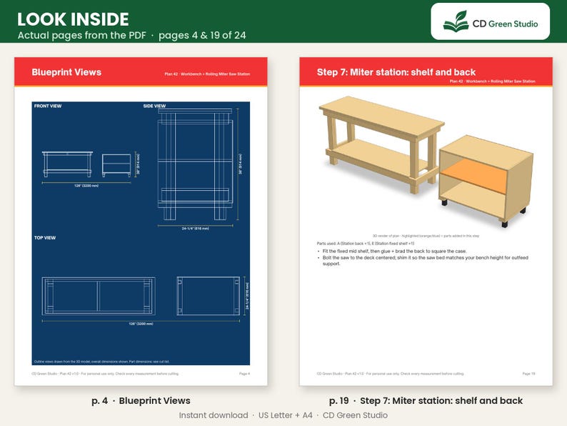 May include: A digital document preview showing two pages of woodworking plans. The left page displays blueprint views of a workbench with dimensions in inches and millimeters. The right page illustrates step 7 for a miter station shelf and back.