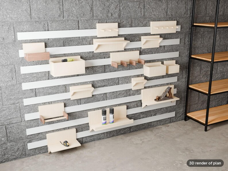 Puede incluir: Un sistema de almacenamiento modular de pared con listones horizontales blancos sobre una pared de ladrillo gris. Incluye varios estantes, cajas y ganchos de madera clara para organizar herramientas. El texto dice 3D render of plan.