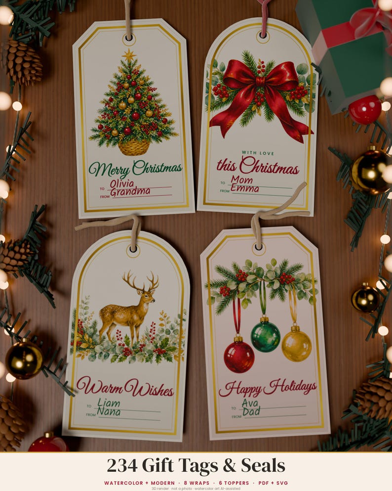 May include: Four rectangular gift tags with rounded tops and gold borders. Designs include a Christmas tree, a red bow with holly, a deer in greenery, and three hanging ornaments. Text includes Merry Christmas, this Christmas, Warm Wishes, and Happy Holidays.