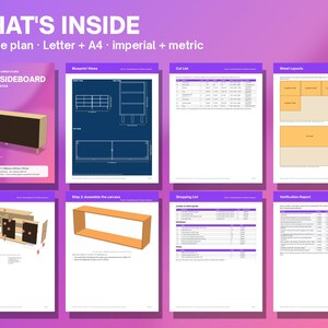 May include: A 24-page digital plan for a fluted sideboard, featuring a 72-inch modern credenza design. Includes blueprint views, a cut list, sheet layouts, an exploded view, assembly steps, a shopping list, and a verification report.