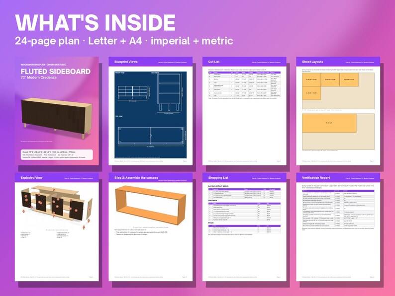 May include: A 24-page digital plan for a fluted sideboard, featuring a 72-inch modern credenza design. Includes blueprint views, a cut list, sheet layouts, an exploded view, assembly steps, a shopping list, and a verification report.