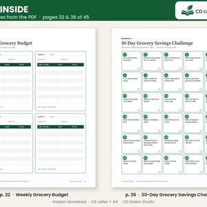 May include: Two printable planner pages featuring a Weekly Grocery Budget with four weekly tracking sections and a 30-Day Grocery Savings Challenge with numbered green boxes containing daily tasks, all presented in a clean white layout.