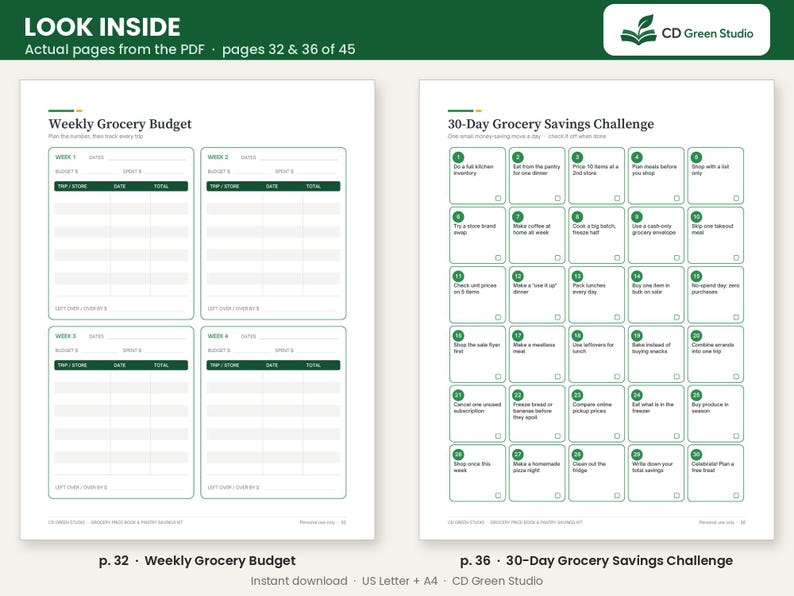 May include: Two printable planner pages featuring a Weekly Grocery Budget with four weekly tracking sections and a 30-Day Grocery Savings Challenge with numbered green boxes containing daily tasks, all presented in a clean white layout.