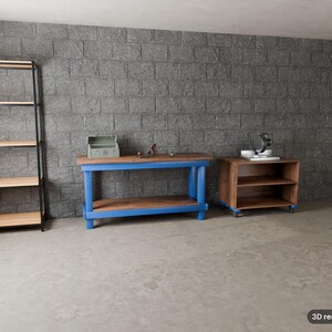 May include: A 3D render of a workshop space featuring a tall black metal shelving unit with wooden shelves, a blue-framed workbench with a wooden top, and a smaller wooden cabinet on casters, all set against a gray concrete block wall.