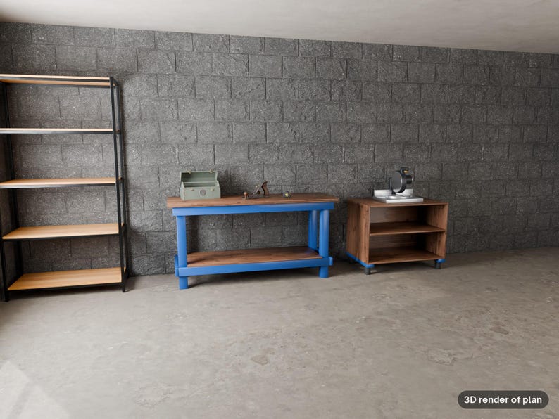 May include: A 3D render of a workshop space featuring a tall black metal shelving unit with wooden shelves, a blue-framed workbench with a wooden top, and a smaller wooden cabinet on casters, all set against a gray concrete block wall.