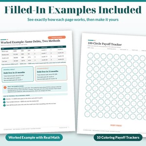 May include: Two printable debt payoff tracker pages. The left page shows a worked example with debt tables and payoff results. The right page features a 100-circle grid for tracking payments, with the text '100-Circle Payoff Tracker' at the top.