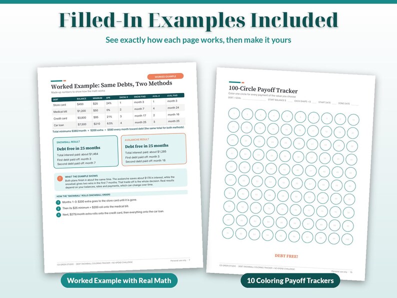 May include: Two printable debt payoff tracker pages. The left page shows a worked example with debt tables and payoff results. The right page features a 100-circle grid for tracking payments, with the text '100-Circle Payoff Tracker' at the top.