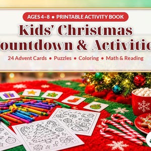 Może przedstawiać: Drukarka książka z zadaniami Kids' Christmas Countdown & Activities dla dzieci w wieku 4-8 lat, zawierająca 24 karty adwentowe, łamigł&oacute;wki, kolorowanki, matematykę i czytanie. Zestaw zawiera kredki, arkusze i czerwony kubek.