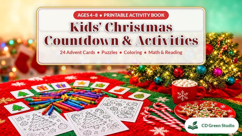 Może przedstawiać: Drukarka książka z zadaniami Kids' Christmas Countdown & Activities dla dzieci w wieku 4-8 lat, zawierająca 24 karty adwentowe, łamigł&oacute;wki, kolorowanki, matematykę i czytanie. Zestaw zawiera kredki, arkusze i czerwony kubek.