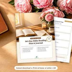 May include: A 365-Day Bible Reading Plan & Journal with a white cover featuring brown text and a small green logo. The cover displays the title, page count, and a list of features. A second page shows a journal layout with blank fields for notes.