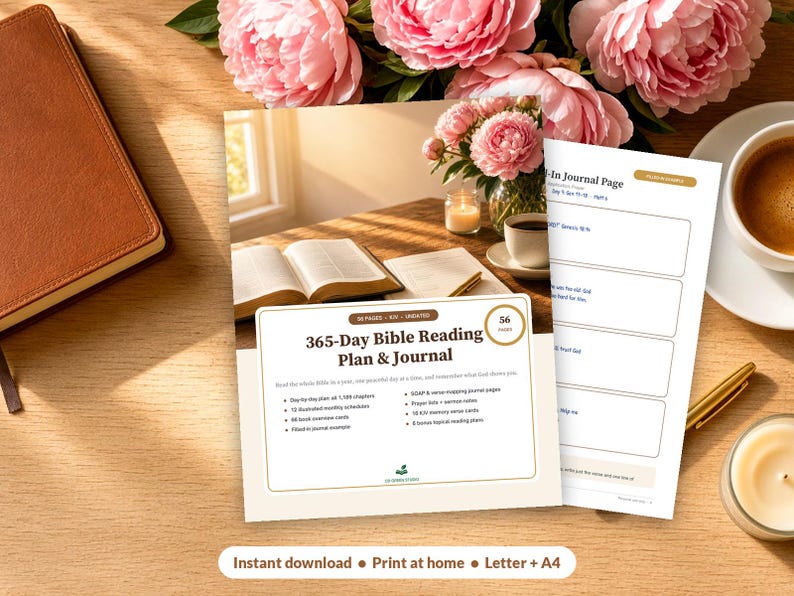 May include: A 365-Day Bible Reading Plan & Journal with a white cover featuring brown text and a small green logo. The cover displays the title, page count, and a list of features. A second page shows a journal layout with blank fields for notes.