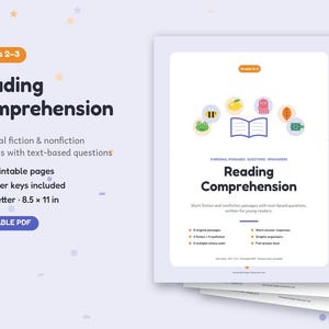 Puede incluir: Un conjunto de PDF imprimible de comprensi&oacute;n lectora para grados 2-3, con 8 pasajes de ficci&oacute;n y no ficci&oacute;n, 26 p&aacute;ginas, claves de respuestas y dimensiones de 21,59 x 27,94 cm. La portada muestra un libro abierto e iconos coloridos.