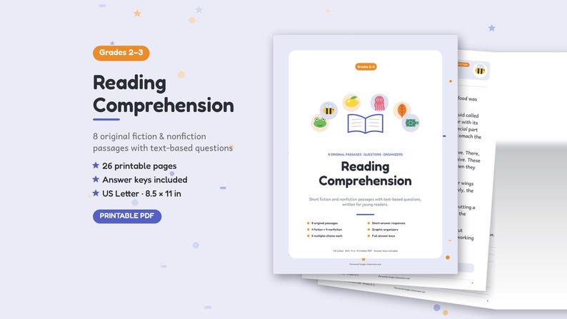 Puede incluir: Un conjunto de PDF imprimible de comprensi&oacute;n lectora para grados 2-3, con 8 pasajes de ficci&oacute;n y no ficci&oacute;n, 26 p&aacute;ginas, claves de respuestas y dimensiones de 21,59 x 27,94 cm. La portada muestra un libro abierto e iconos coloridos.