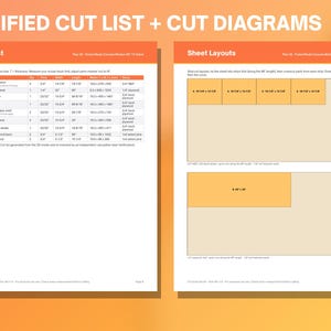 Może przedstawiać: Dokument cyfrowy zatytułowany VERIFIED CUT LIST + CUT DIAGRAMS zawierający szczeg&oacute;łową tabelę element&oacute;w drewnianych z wymiarami w calach i centymetrach oraz dwa prostokątne schematy cięcia dla konstrukcji meblowych.