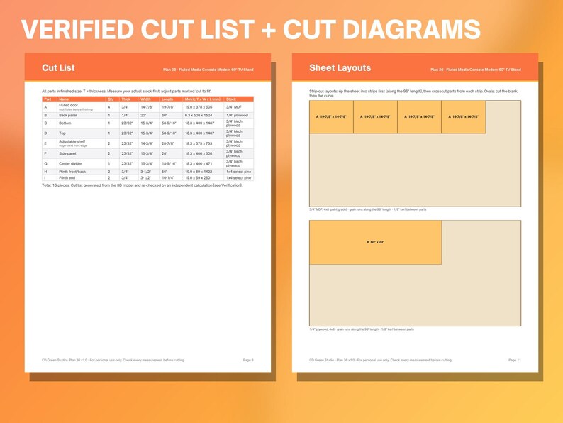 Może przedstawiać: Dokument cyfrowy zatytułowany VERIFIED CUT LIST + CUT DIAGRAMS zawierający szczeg&oacute;łową tabelę element&oacute;w drewnianych z wymiarami w calach i centymetrach oraz dwa prostokątne schematy cięcia dla konstrukcji meblowych.