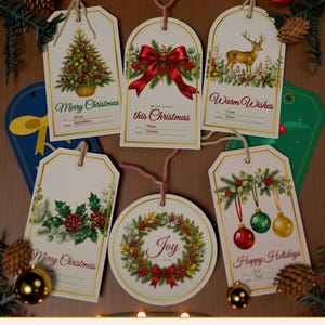 May include: A collection of six decorative Christmas gift tags featuring watercolor illustrations of a tree, a red bow, a deer, holly, a wreath, and ornaments. Each tag includes text like Merry Christmas, Warm Wishes, and Joy, with lines for to and from names.