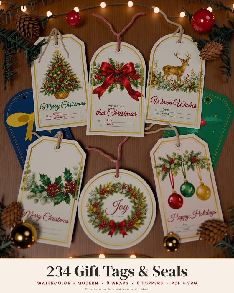 May include: A collection of six decorative Christmas gift tags featuring watercolor illustrations of a tree, a red bow, a deer, holly, a wreath, and ornaments. Each tag includes text like Merry Christmas, Warm Wishes, and Joy, with lines for to and from names.