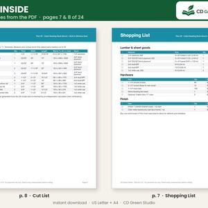 May include: Two digital document pages from CD Green Studio titled Look Inside, showing a Cut List and a Shopping List for a cabin reading nook bench. The white pages feature teal headers, tables with lumber and hardware specifications, and text.