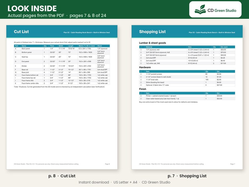 May include: Two digital document pages from CD Green Studio titled Look Inside, showing a Cut List and a Shopping List for a cabin reading nook bench. The white pages feature teal headers, tables with lumber and hardware specifications, and text.