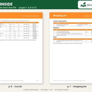 May include: A digital document preview showing pages 7 and 8 of a woodworking plan for a learning tower. The left page displays a Cut List with parts A through G, while the right page lists Lumber, Hardware, and Finish requirements.