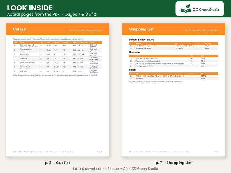 May include: A digital document preview showing pages 7 and 8 of a woodworking plan for a learning tower. The left page displays a Cut List with parts A through G, while the right page lists Lumber, Hardware, and Finish requirements.