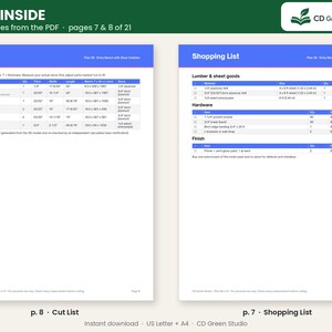 May include: Two digital document pages titled Look Inside, showing a Cut List and a Shopping List for an entry bench project. The tables include columns for part names, quantities, dimensions in inches and millimeters, and material types.