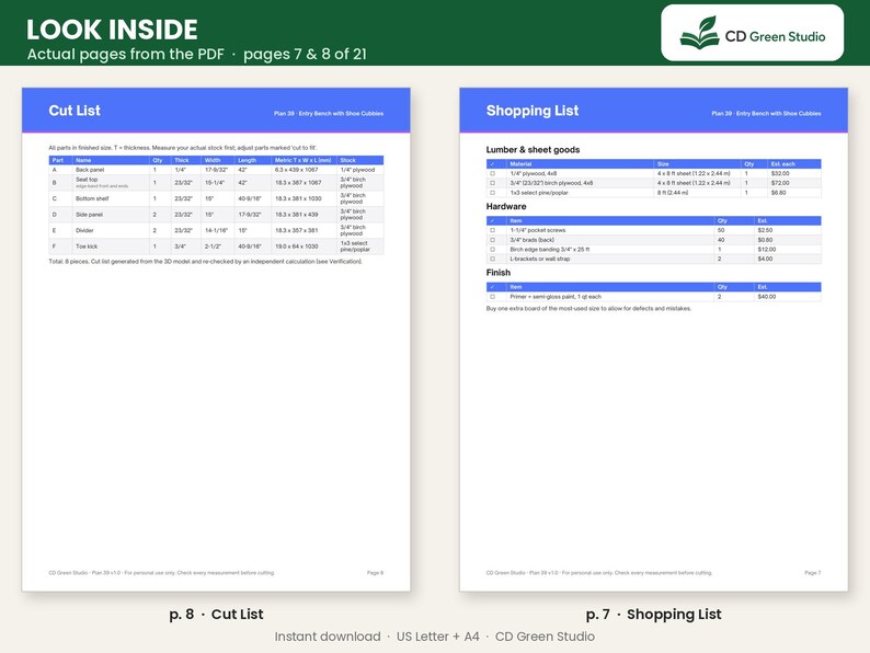 May include: Two digital document pages titled Look Inside, showing a Cut List and a Shopping List for an entry bench project. The tables include columns for part names, quantities, dimensions in inches and millimeters, and material types.