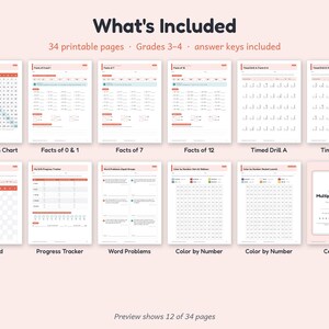 Peut inclure: Un ensemble de 34 fiches p&eacute;dagogiques imprimables pour les niveaux 3-4, comprenant une table de multiplication, des exercices, un suivi de progression, des probl&egrave;mes, des coloriages magiques et un certificat Multiplication Master.