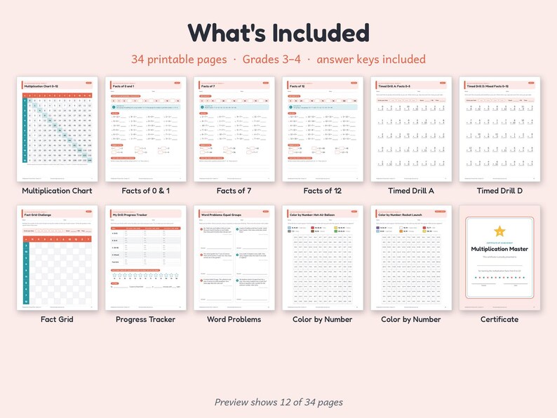 Peut inclure: Un ensemble de 34 fiches p&eacute;dagogiques imprimables pour les niveaux 3-4, comprenant une table de multiplication, des exercices, un suivi de progression, des probl&egrave;mes, des coloriages magiques et un certificat Multiplication Master.