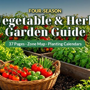 Op de afbeelding: Een vierseizoenen groente- en kruidentuingids met 37 pagina's, een zonekaart en plantkalenders. De omslag toont een gevlochten mand gevuld met rode tomaten en groene kruiden voor houten tuinbedden.