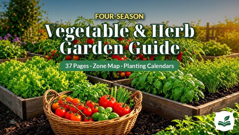 Op de afbeelding: Een vierseizoenen groente- en kruidentuingids met 37 pagina's, een zonekaart en plantkalenders. De omslag toont een gevlochten mand gevuld met rode tomaten en groene kruiden voor houten tuinbedden.