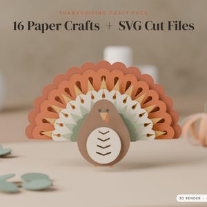 Pode incluir: Um pacote de artesanato de Ação de Graças com 16 projetos em papel e arquivos de corte SVG. A imagem mostra um peru de papel em camadas com uma cauda em forma de leque em tons de laranja, amarelo e verde, ao lado de uma pequena abóbora.