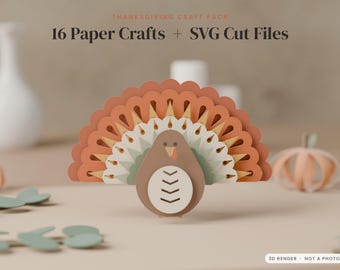 Thanksgiving papieren knutselwerkjes SVG Cricut, 16 printbare herfstknutselwerkjes, gelaagde kalkoen, bladerkrans, taartdoos