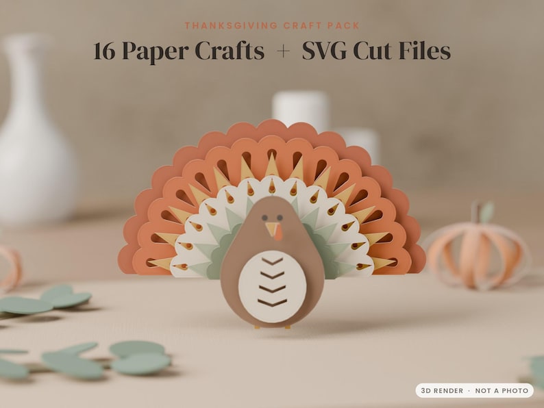 K&ouml;nnte beinhalten: Ein Thanksgiving-Bastelpaket mit 16 Papierbastelvorlagen und SVG-Dateien. Das Bild zeigt einen geschichteten Papiertruthahn mit einem f&auml;cherf&ouml;rmigen Schwanz in Orange-, Gelb- und Gr&uuml;nt&ouml;nen sowie einen kleinen K&uuml;rbis aus Papier und Bl&auml;tter.