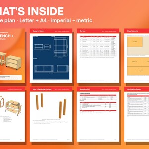 May include: A 24-page digital woodworking plan for a workbench and rolling miter saw station. The document includes blueprint views, a cut list, sheet layouts, an exploded view, assembly steps, a shopping list, and a verification report.